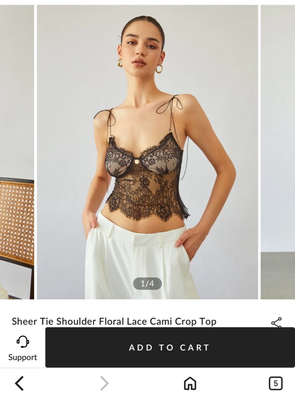 Commense Black Sheer Floral Lace Tie-Shoulder Cami
